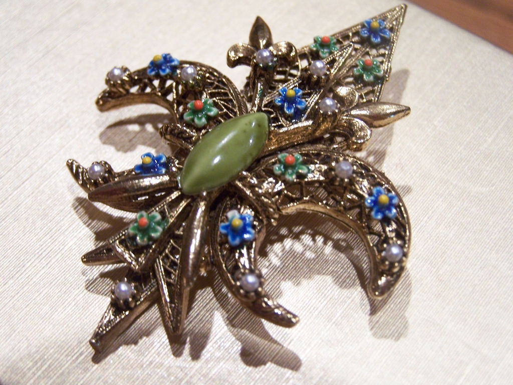 Signed Art Brooch with Enameled Flowers and Art Glass Center Signed Art Brooch with Enameled Flowers and Art Glass Center