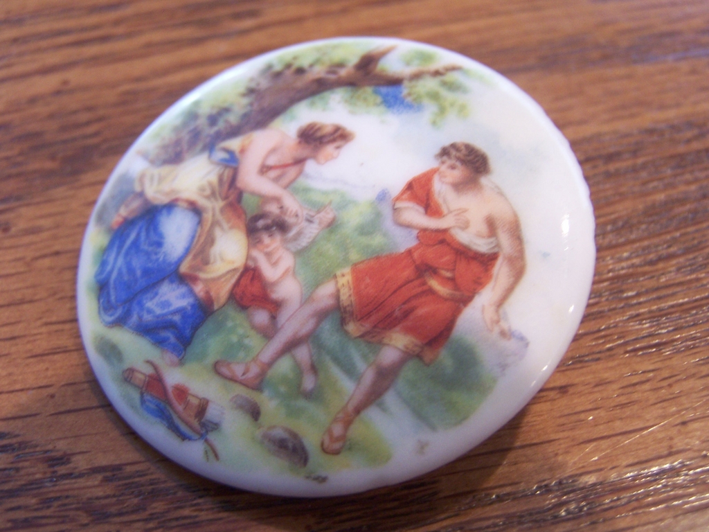 Porcelain Brooch with Victorian Scene Porcelain Brooch with Victorian Scene