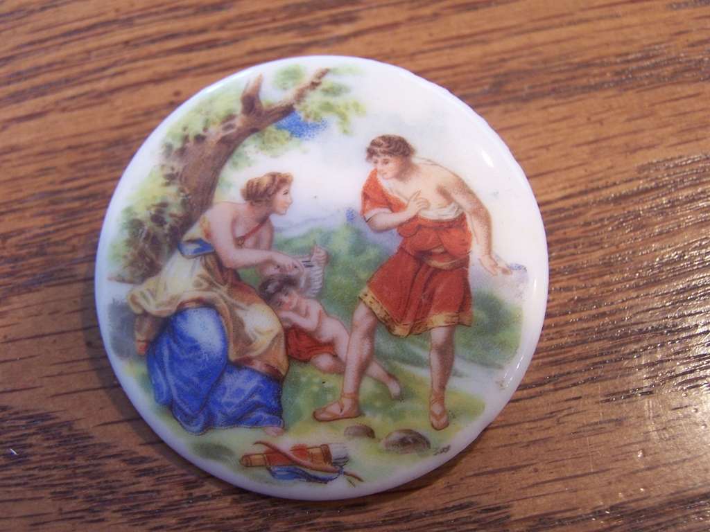 Porcelain Brooch with Victorian Scene Porcelain Brooch with Victorian Scene
