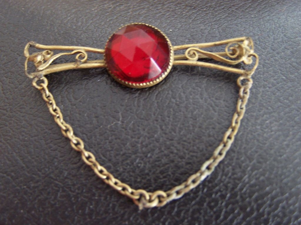 Antique C-Clasp Brass Bar Pin With Red Stone Center Antique C-Clasp Brass Bar Pin With Red Stone Center