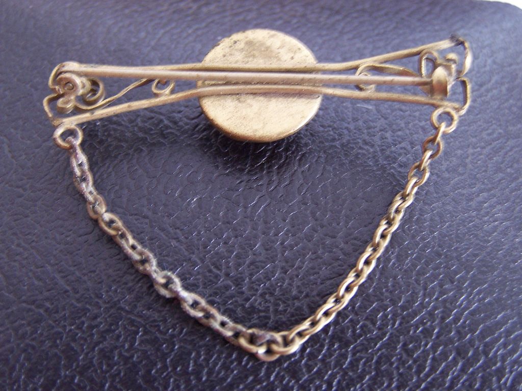Antique C-Clasp Brass Bar Pin With Red Stone Center Antique C-Clasp Brass Bar Pin With Red Stone Center