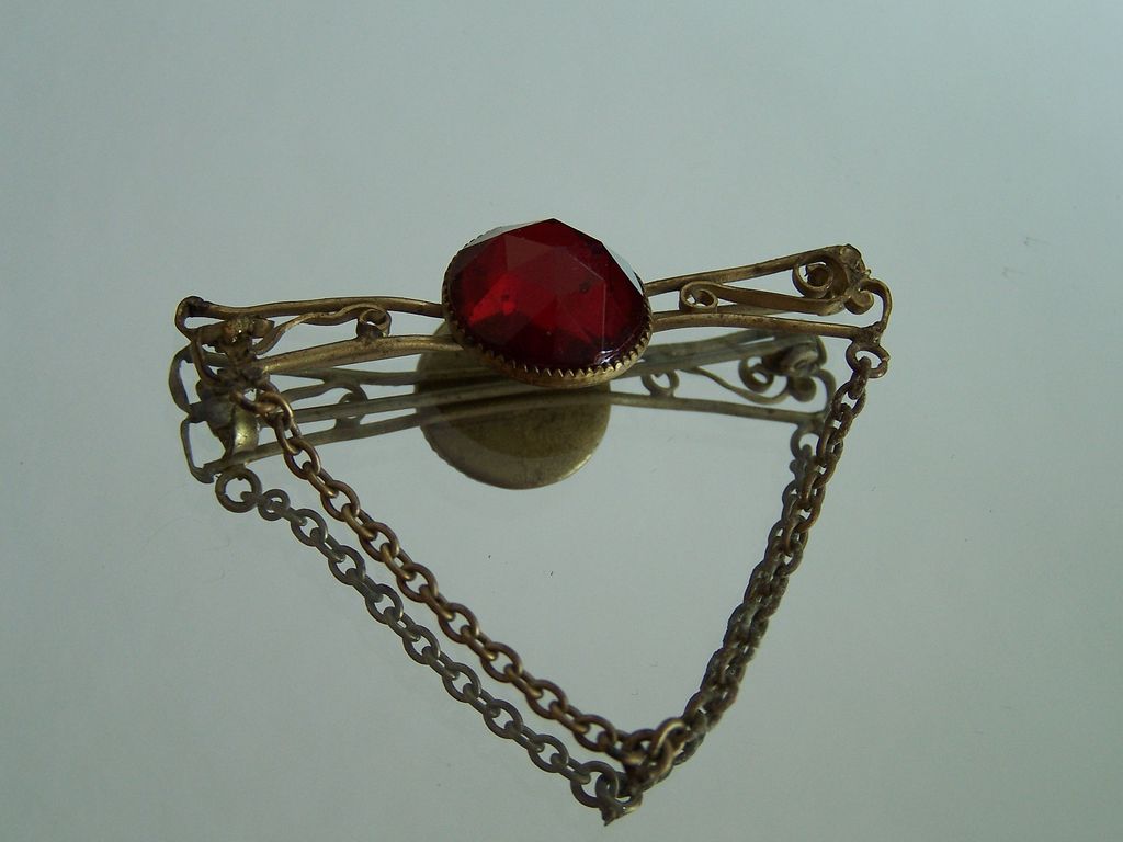 Antique C-Clasp Brass Bar Pin With Red Stone Center Antique C-Clasp Brass Bar Pin With Red Stone Center