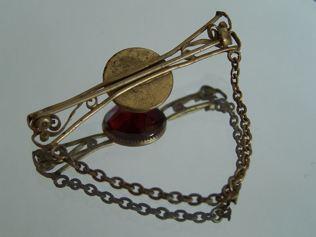 Antique C-Clasp Brass Bar Pin With Red Stone Center Antique C-Clasp Brass Bar Pin With Red Stone Center