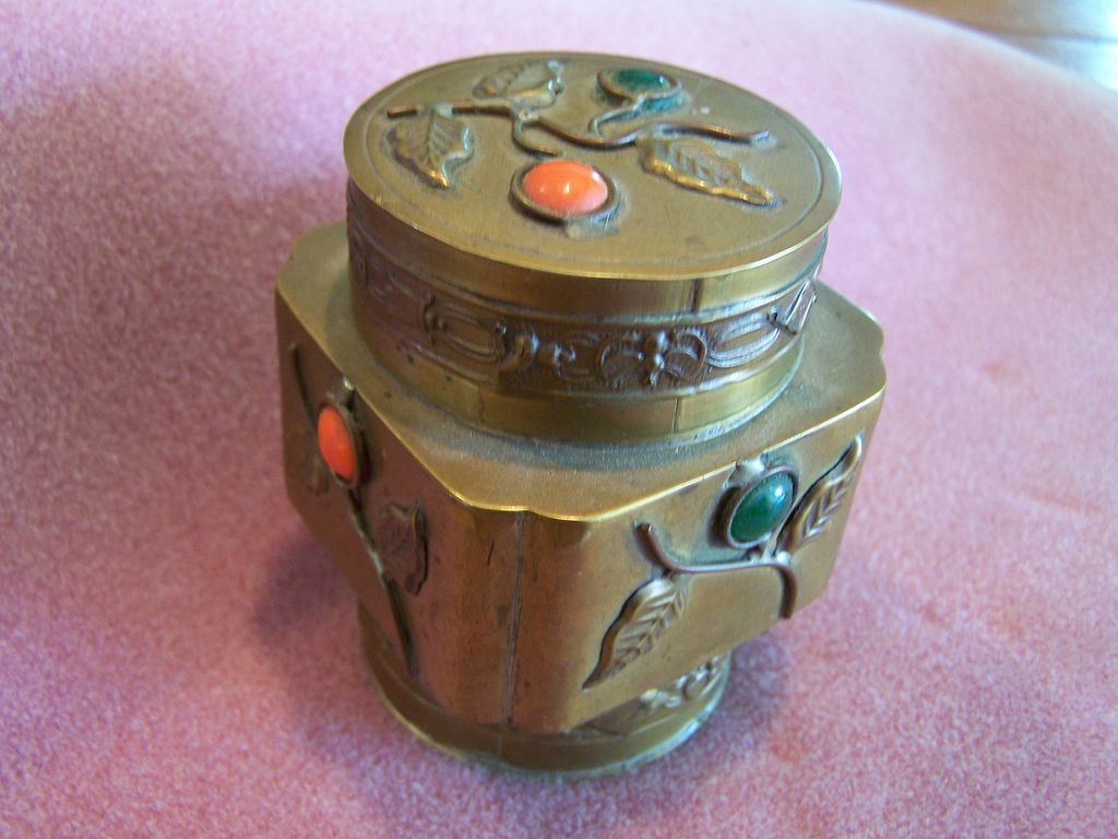 Vintage Asian Brass Jade Trinket Box Vintage Asian Brass Jade Trinket Box