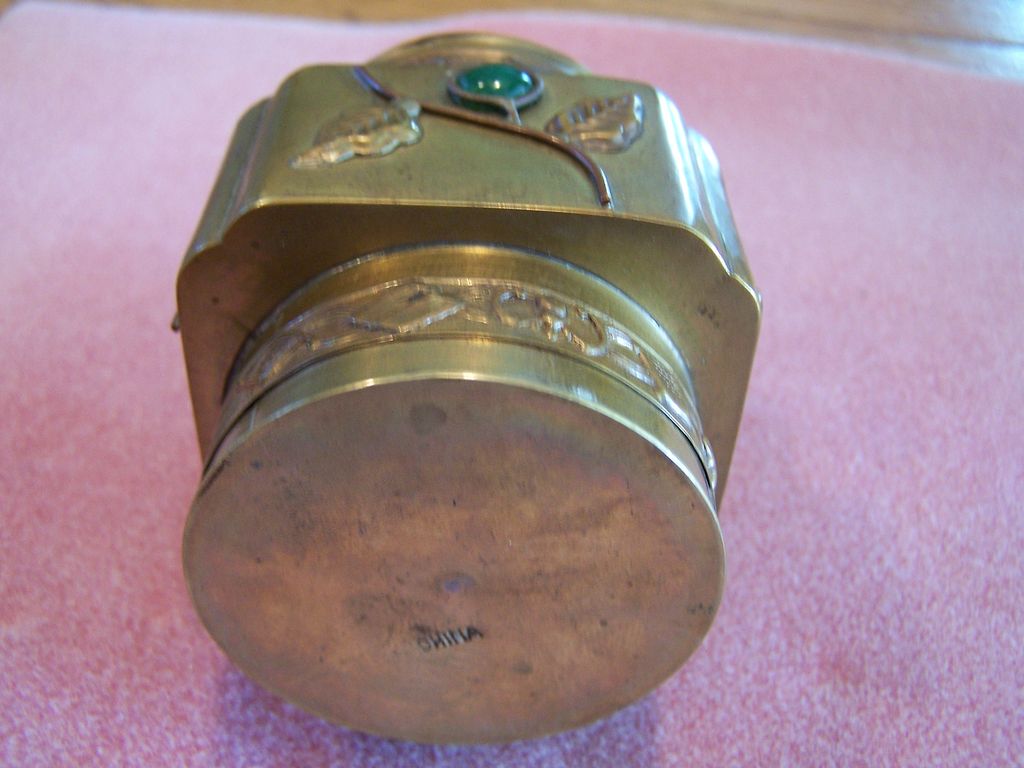 Vintage Asian Brass Jade Trinket Box Vintage Asian Brass Jade Trinket Box