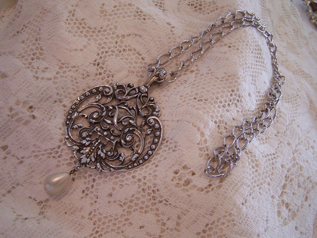 1970's Signed Chunky Necklace with faux pearl dangle 1970's Signed Chunky Necklace with faux pearl dangle
