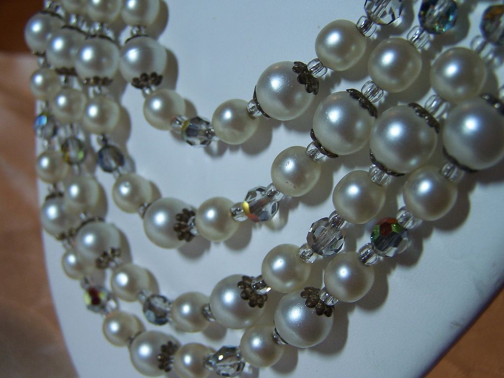 Vintage 4 Strand Faux Pearl and AB Crystal Necklace Vintage 4 Strand Faux Pearl and AB Crystal Necklace