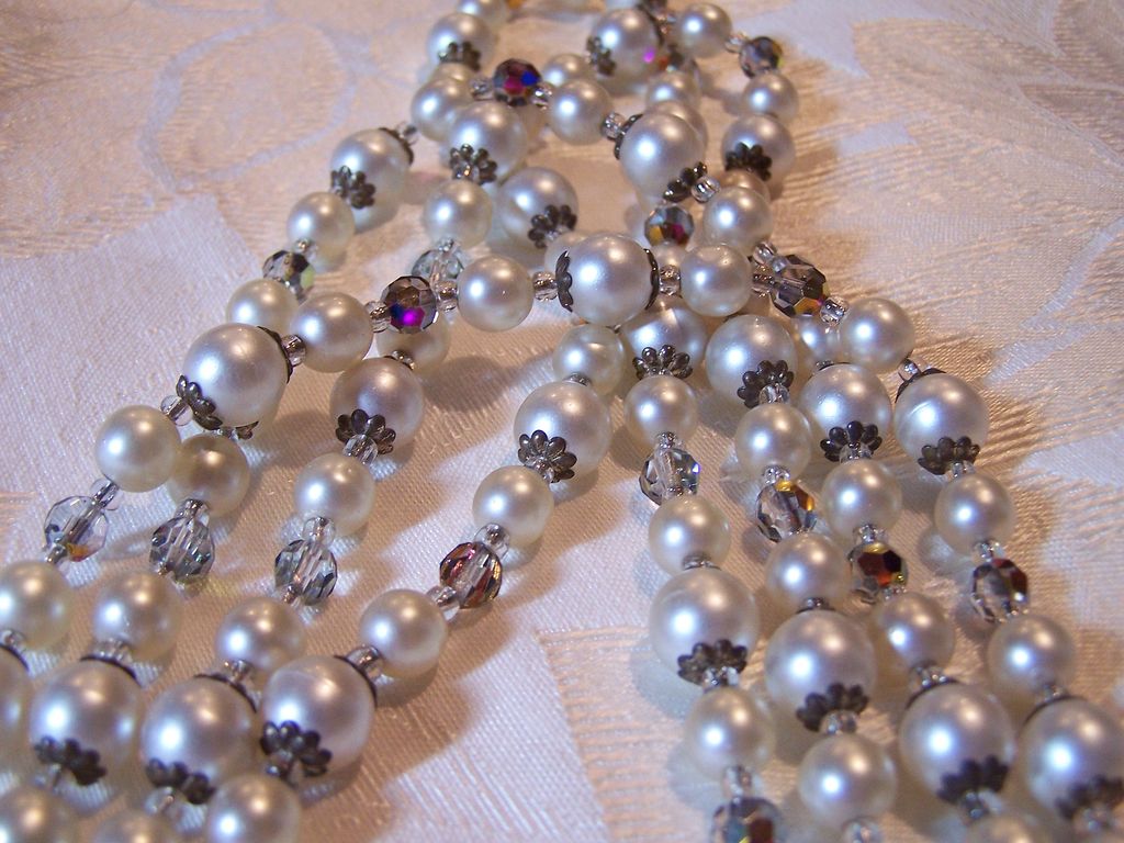 Vintage 4 Strand Faux Pearl and AB Crystal Necklace Vintage 4 Strand Faux Pearl and AB Crystal Necklace