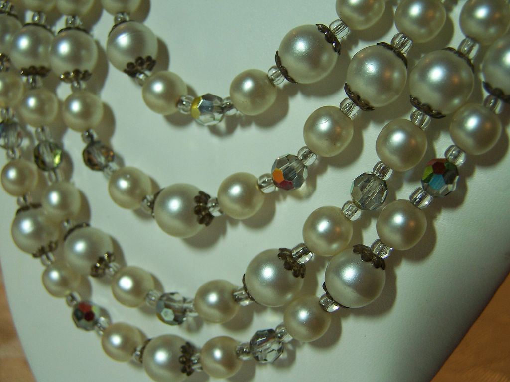 Vintage 4 Strand Faux Pearl and AB Crystal Necklace Vintage 4 Strand Faux Pearl and AB Crystal Necklace