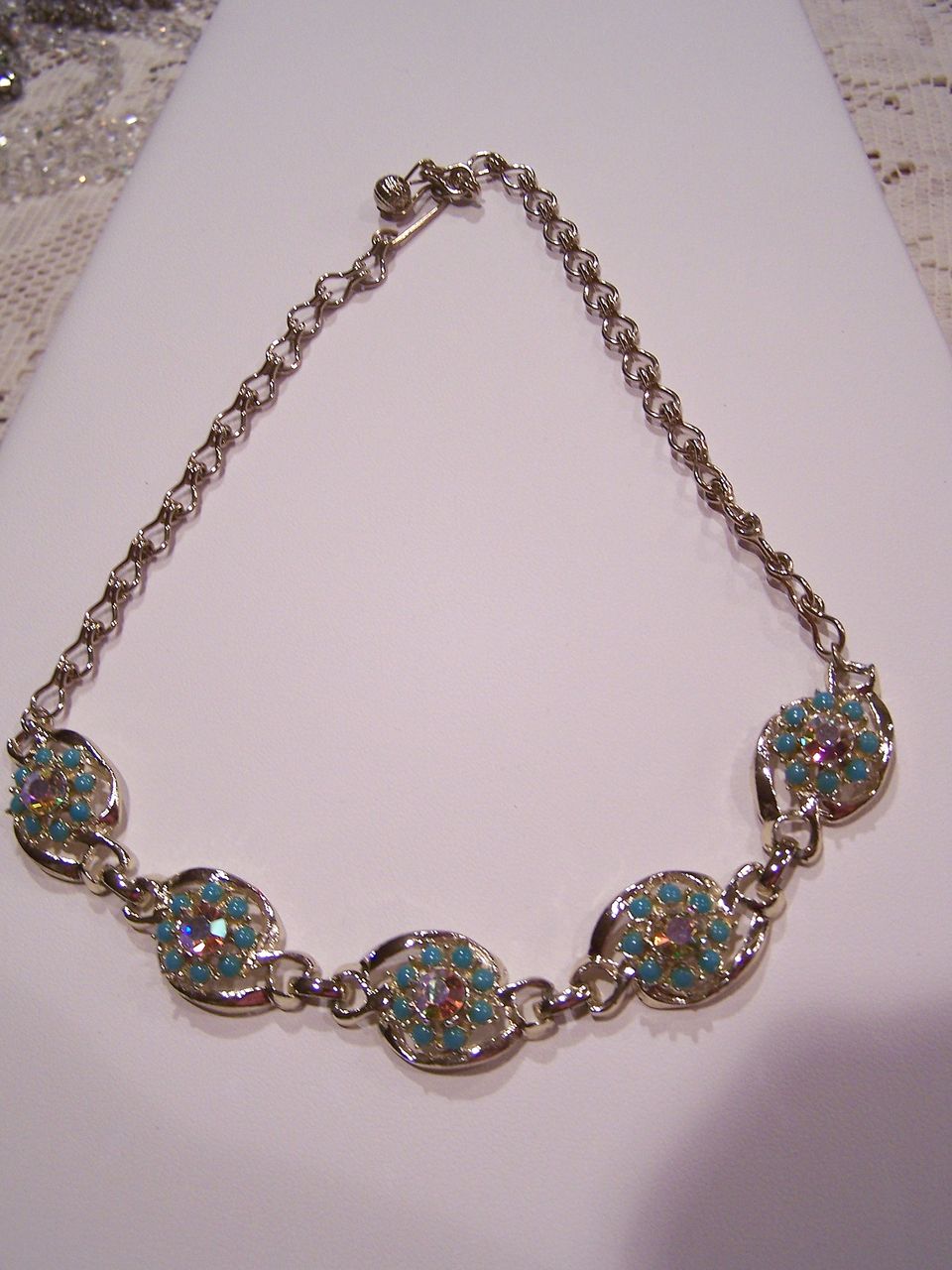 Sparkling Vintage AB Rhinestone and Faux Turquoise Choker Necklace Sparkling Vintage AB Rhinestone and Faux Turquoise Choker Necklace