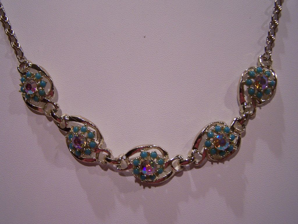 Sparkling Vintage AB Rhinestone and Faux Turquoise Choker Necklace Sparkling Vintage AB Rhinestone and Faux Turquoise Choker Necklace