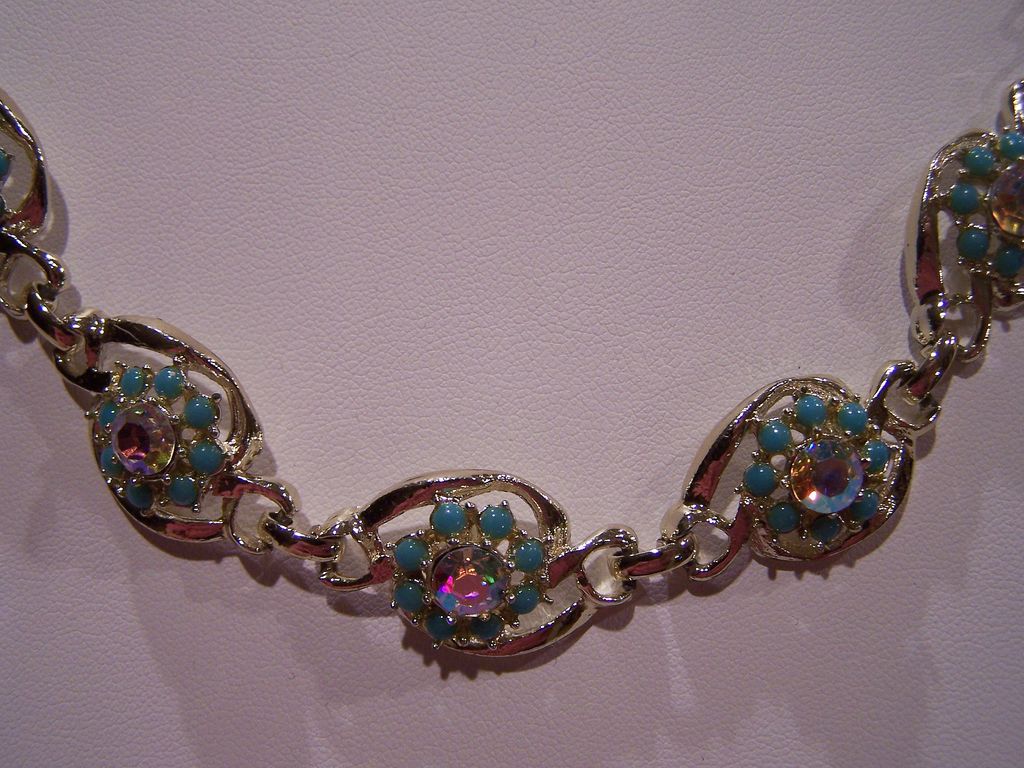 Sparkling Vintage AB Rhinestone and Faux Turquoise Choker Necklace Sparkling Vintage AB Rhinestone and Faux Turquoise Choker Necklace