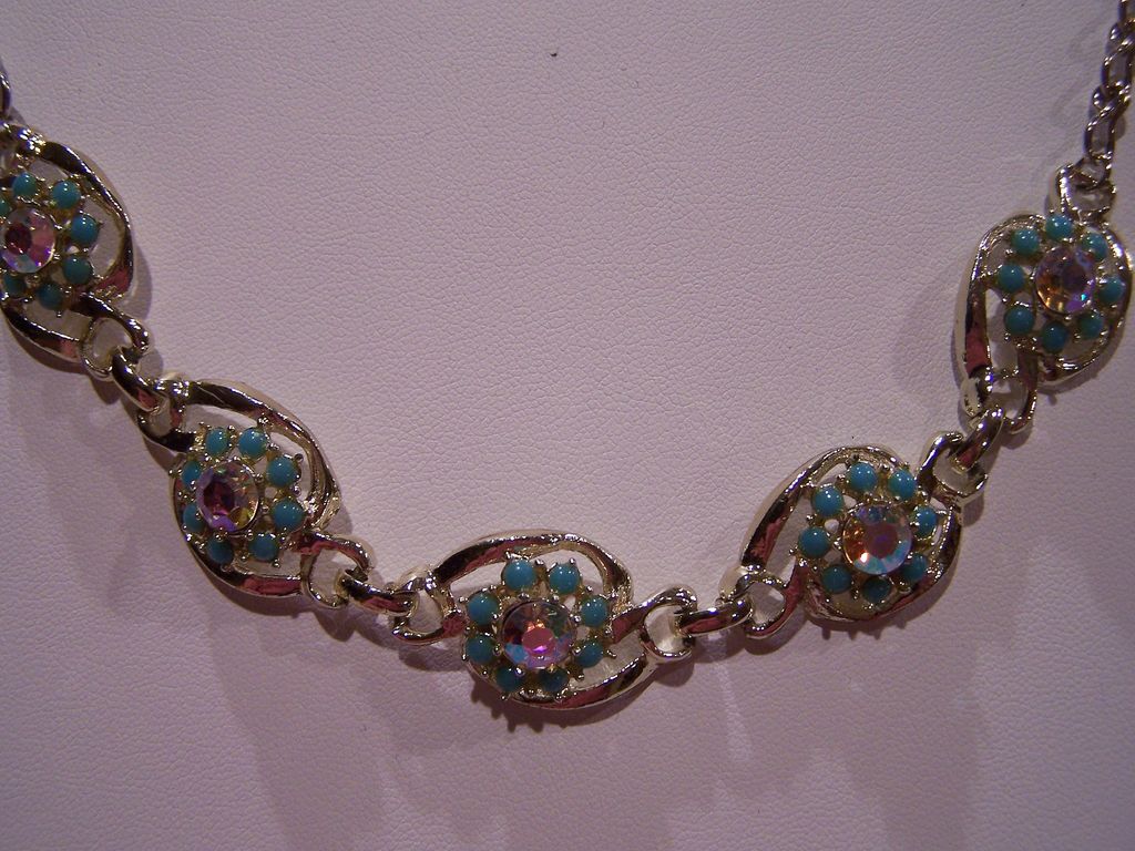 Sparkling Vintage AB Rhinestone and Faux Turquoise Choker Necklace Sparkling Vintage AB Rhinestone and Faux Turquoise Choker Necklace