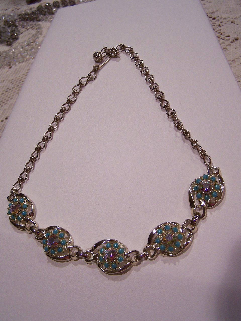 Sparkling Vintage AB Rhinestone and Faux Turquoise Choker Necklace Sparkling Vintage AB Rhinestone and Faux Turquoise Choker Necklace