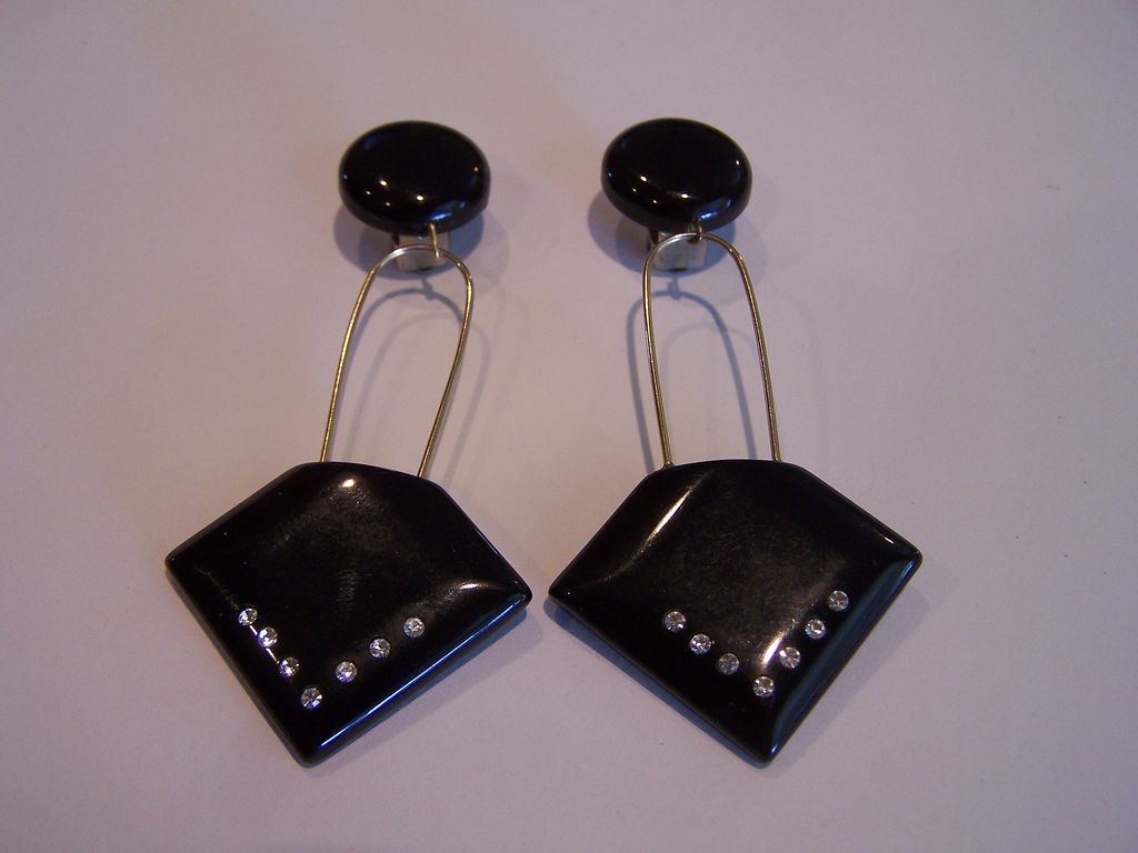 Huge Black Lucite Rhinestone Dangle Earrings! WoW!! Huge Black Lucite Rhinestone Dangle Earrings! WoW!!