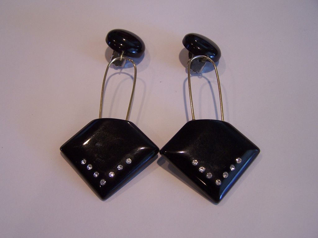 Huge Black Lucite Rhinestone Dangle Earrings! WoW!! Huge Black Lucite Rhinestone Dangle Earrings! WoW!!