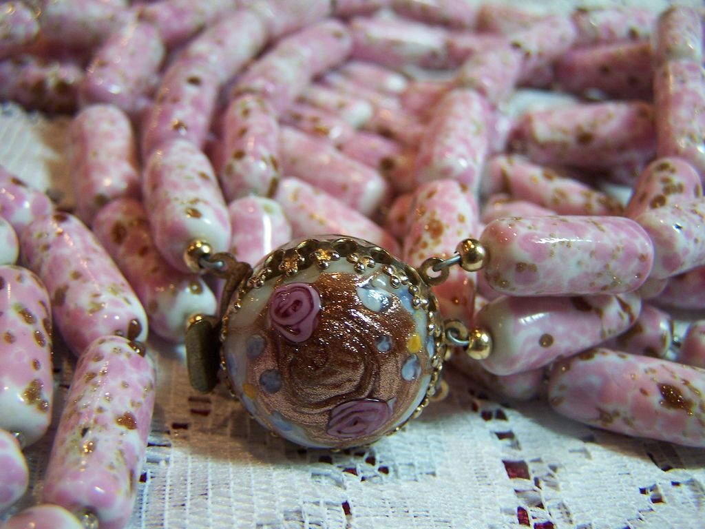 Vintage Triple Strand Handpainted Porcelain Beaded Necklace Vintage Triple Strand Handpainted Porcelain Beaded Necklace