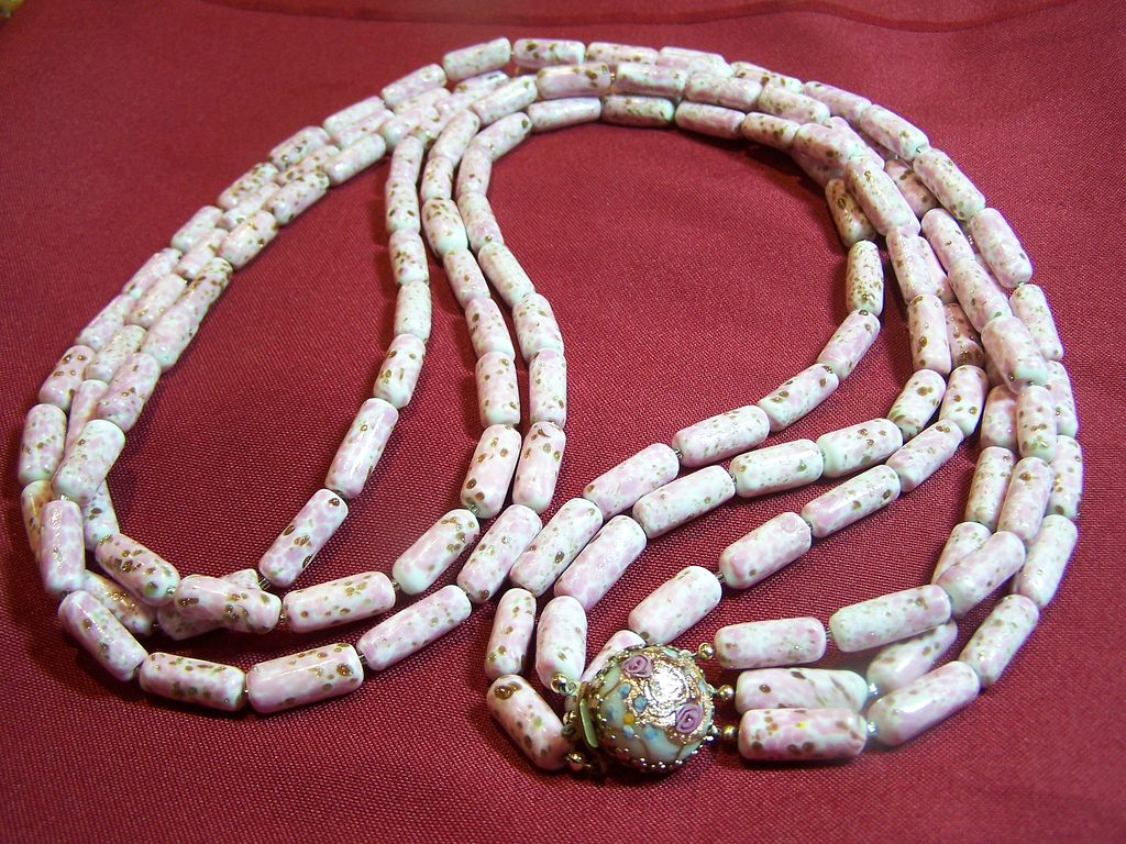 Vintage Triple Strand Handpainted Porcelain Beaded Necklace Vintage Triple Strand Handpainted Porcelain Beaded Necklace