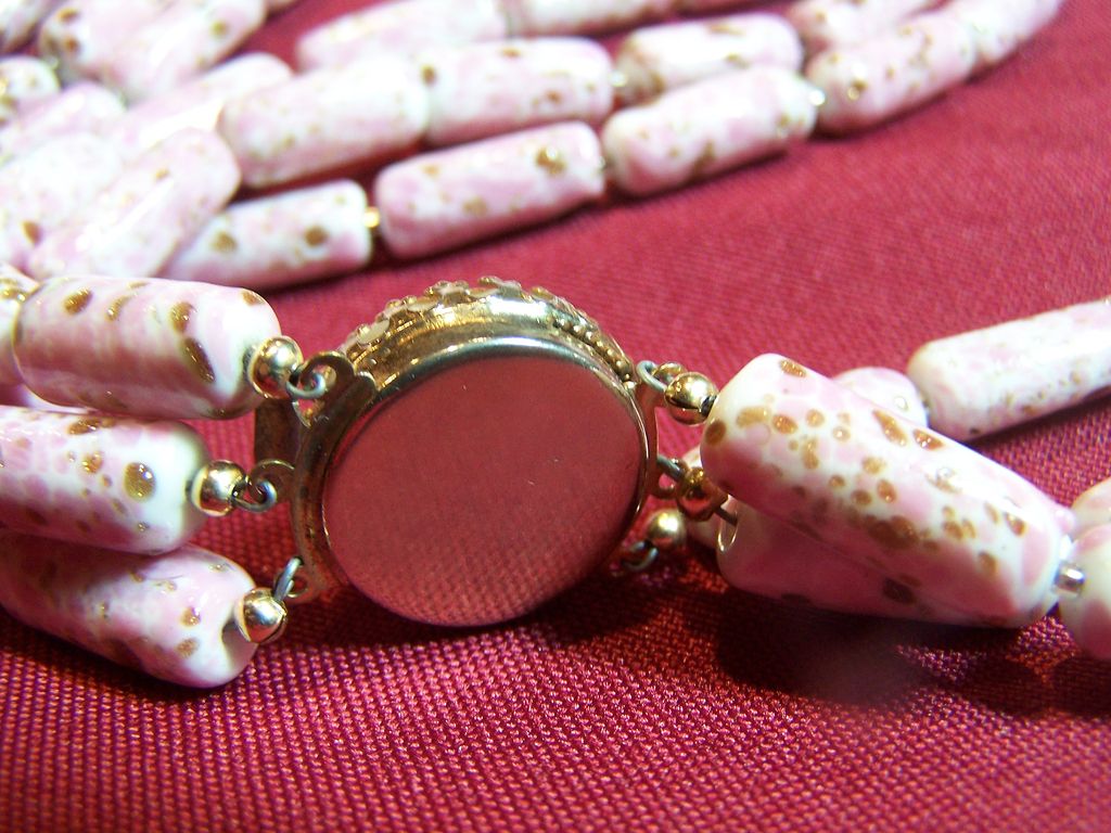 Vintage Triple Strand Handpainted Porcelain Beaded Necklace Vintage Triple Strand Handpainted Porcelain Beaded Necklace