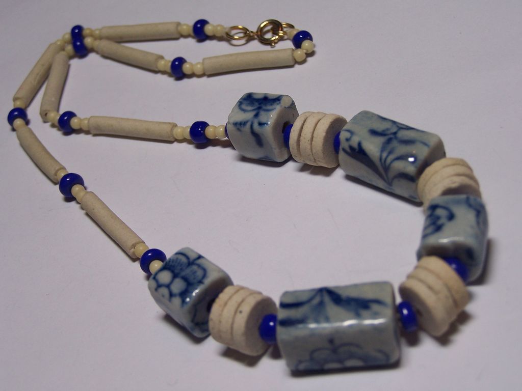 Vintage Porcelain Beaded Necklace Blue and White Vintage Porcelain Beaded Necklace Blue and White