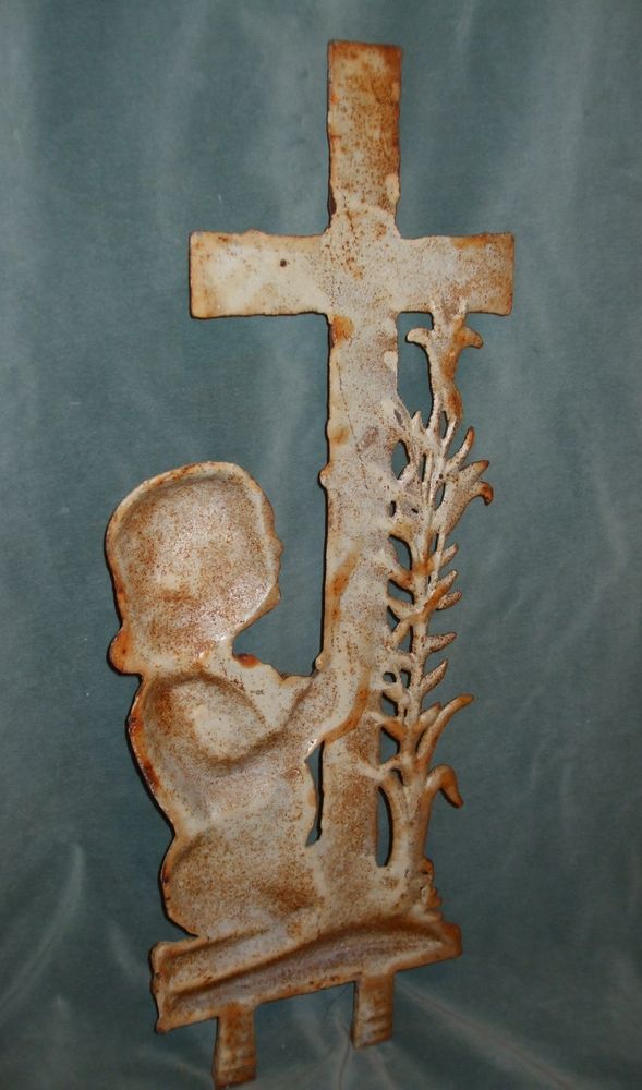 Huge Cast Iron Child Kneeling & Praying At A Cross Marker Huge Cast Iron Child Kneeling & Praying At A Cross Marker