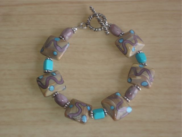 Lampwork Glass, Turquoise, Jasper and Sterling Silver Beaded Bracelet Lampwork Glass, Turquoise, Jasper and Sterling Silver Beaded Bracelet