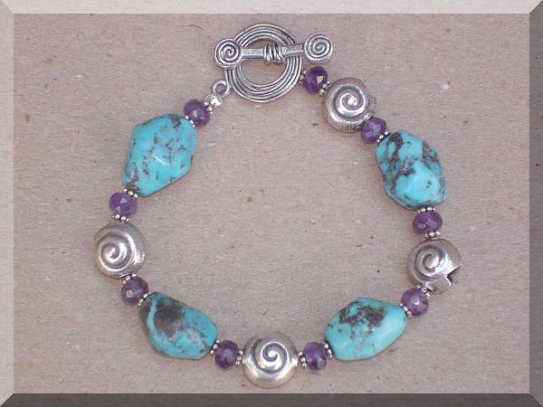 Turquoise, Amethyst, Hill Tribe Fine Silver and Sterling Silver Bracelet Turquoise, Amethyst, Hill Tribe Fine Silver and Sterling Silver Bracelet