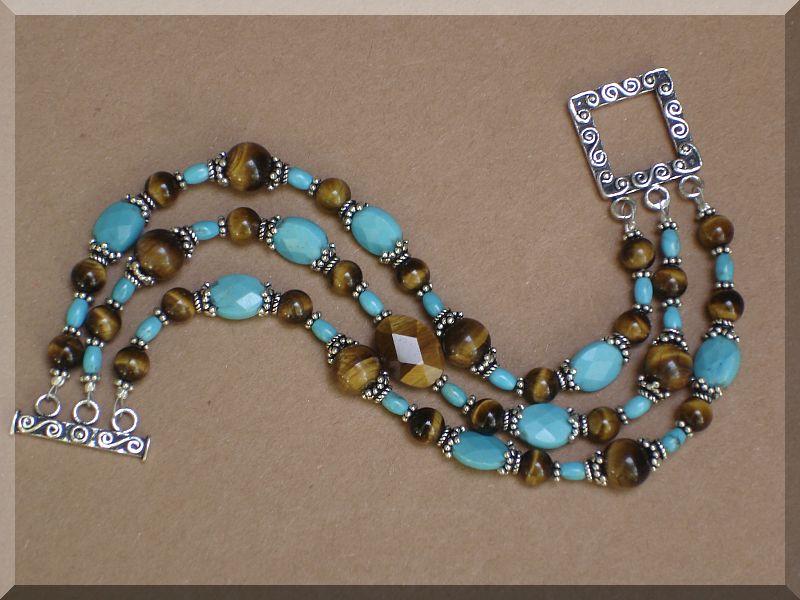 Turquoise, Tiger Eye and Sterling Silver 3 Strand Bracelet Turquoise, Tiger Eye and Sterling Silver 3 Strand Bracelet