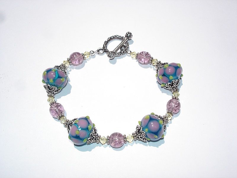Lampwork Glass, Swarovski Crystals, Crackle Glass and Sterling Silver Beaded Bracelet Lampwork Glass, Swarovski Crystals, Crackle Glass and Sterling Silver Beaded Bracelet