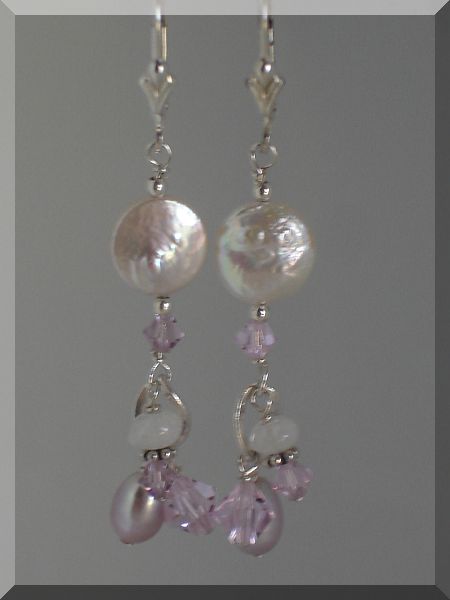 Coin Pearl, Fresh Water Pearls, Rainbow Moonstone Swarovski Crystal and Sterling Silver Earrings Coin Pearl, Fresh Water Pearls, Rainbow Moonstone Swarovski Crystal and Sterling Silver Earrings