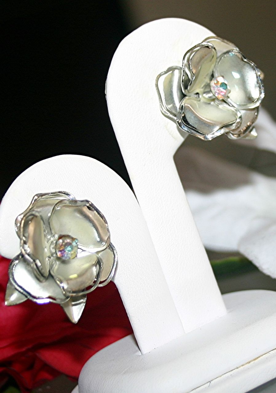 C1950 Coro, AB Rhinestone, Silver-tone, Flower Clip Back Ears C1950 Coro, AB Rhinestone, Silver-tone, Flower Clip Back Ears