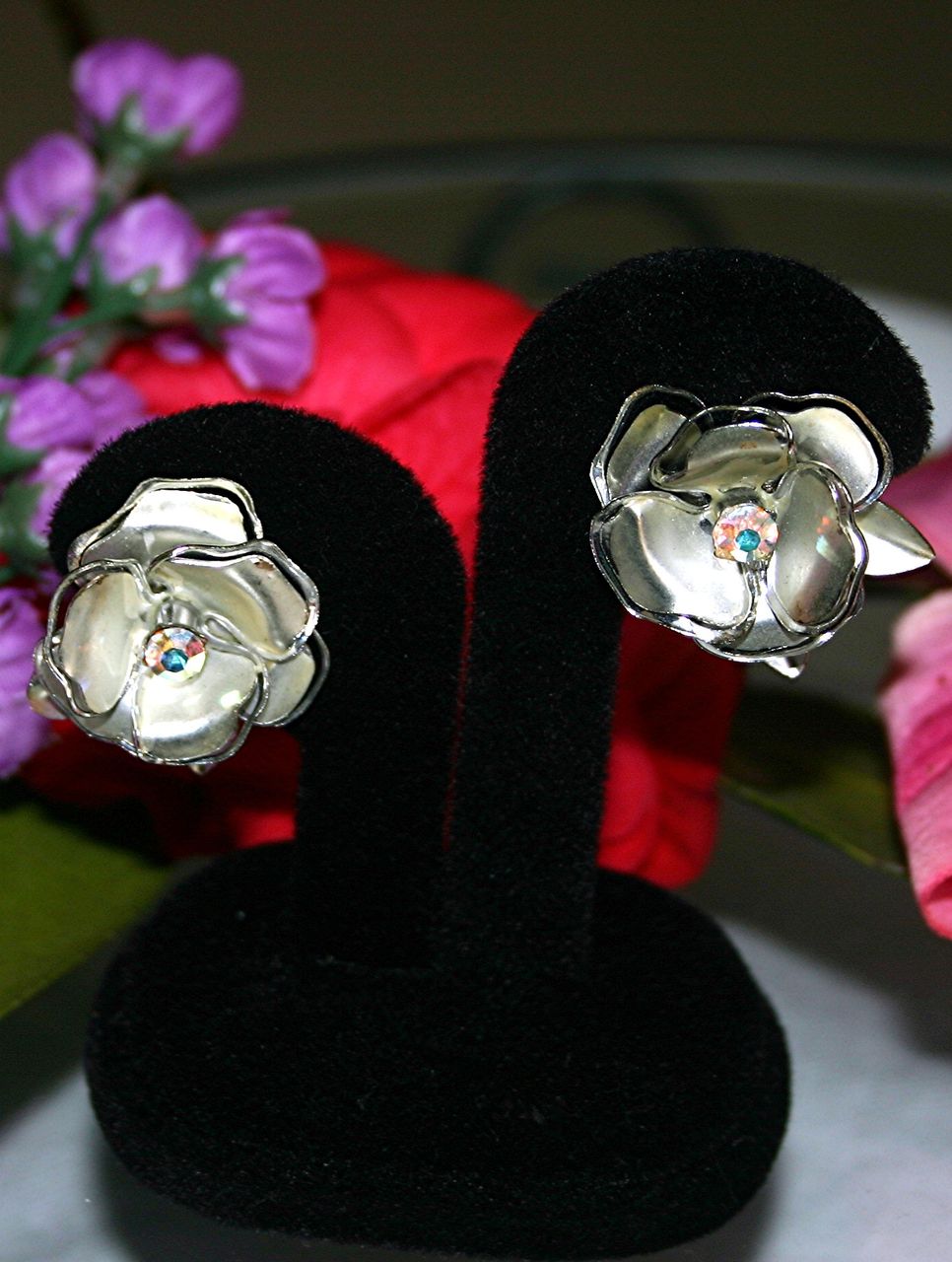 C1950 Coro, AB Rhinestone, Silver-tone, Flower Clip Back Ears C1950 Coro, AB Rhinestone, Silver-tone, Flower Clip Back Ears