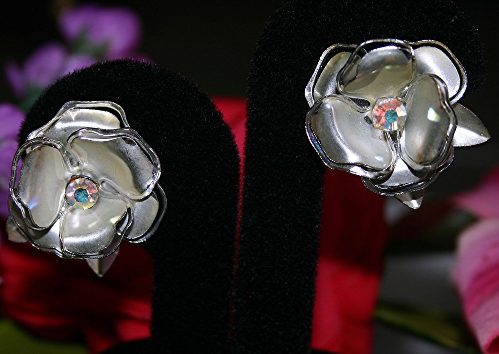 C1950 Coro, AB Rhinestone, Silver-tone, Flower Clip Back Ears C1950 Coro, AB Rhinestone, Silver-tone, Flower Clip Back Ears