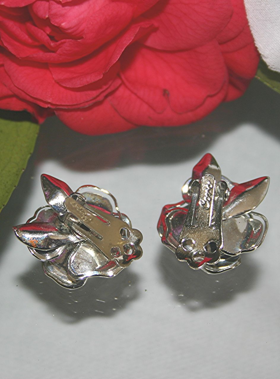 C1950 Coro, AB Rhinestone, Silver-tone, Flower Clip Back Ears C1950 Coro, AB Rhinestone, Silver-tone, Flower Clip Back Ears