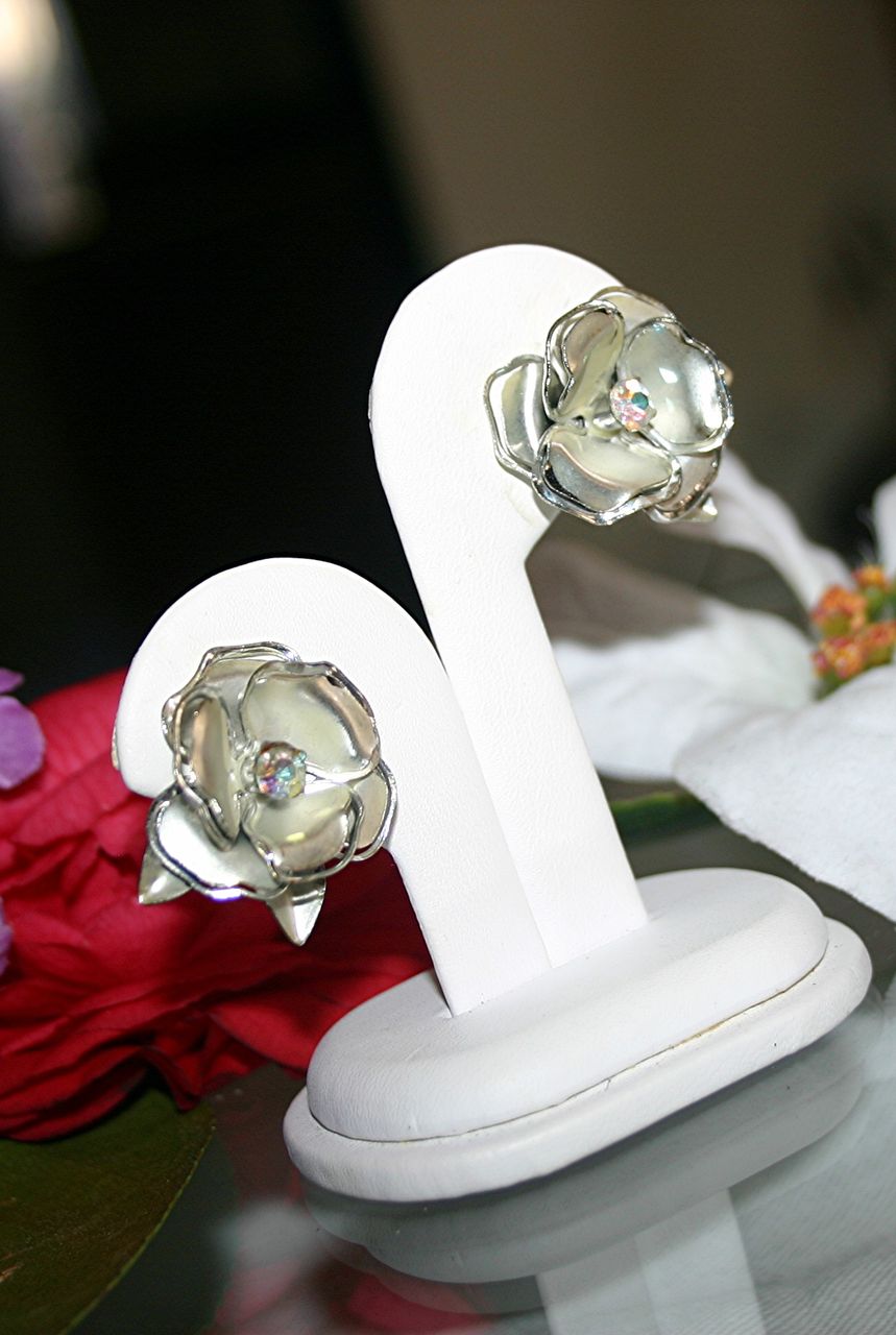 C1950 Coro, AB Rhinestone, Silver-tone, Flower Clip Back Ears C1950 Coro, AB Rhinestone, Silver-tone, Flower Clip Back Ears