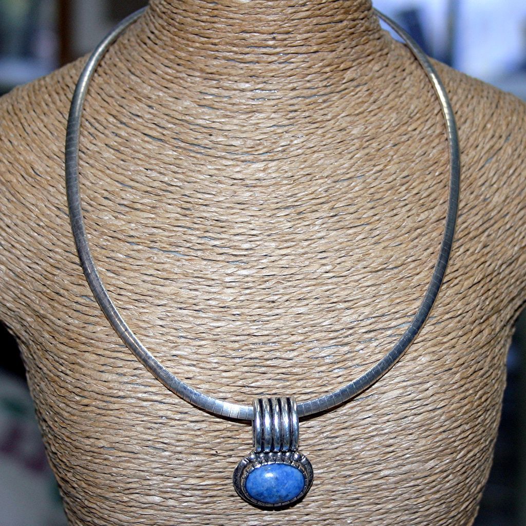 Vintage Sterling Silver Omega Chain, Denim Lapis Lazuli Pendant Vintage Sterling Silver Omega Chain, Denim Lapis Lazuli Pendant