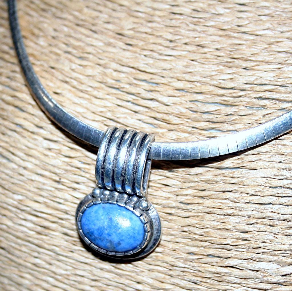 Vintage Sterling Silver Omega Chain, Denim Lapis Lazuli Pendant Vintage Sterling Silver Omega Chain, Denim Lapis Lazuli Pendant