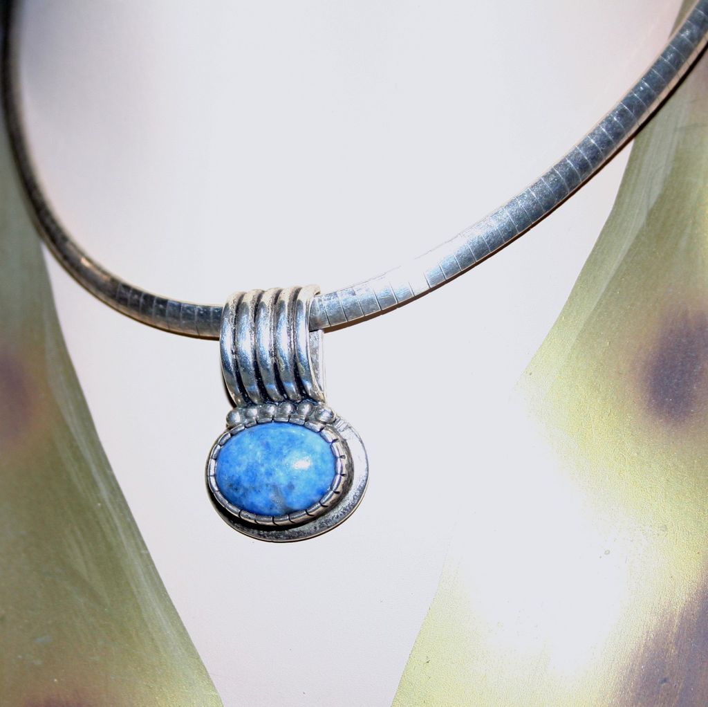 Vintage Sterling Silver Omega Chain, Denim Lapis Lazuli Pendant Vintage Sterling Silver Omega Chain, Denim Lapis Lazuli Pendant