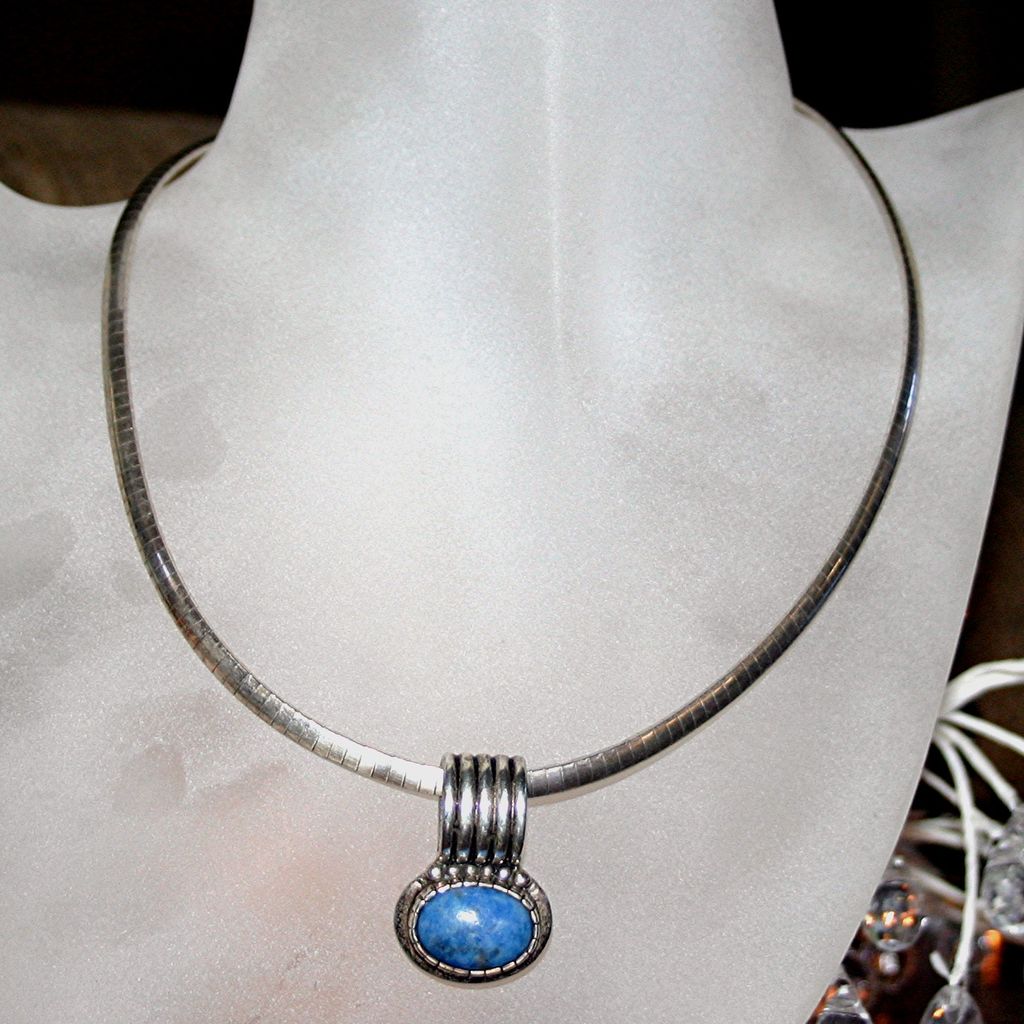 Vintage Sterling Silver Omega Chain, Denim Lapis Lazuli Pendant Vintage Sterling Silver Omega Chain, Denim Lapis Lazuli Pendant
