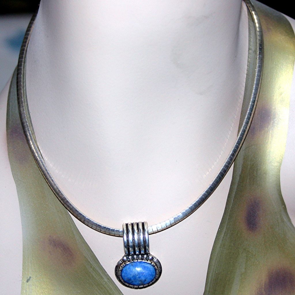 Vintage Sterling Silver Omega Chain, Denim Lapis Lazuli Pendant Vintage Sterling Silver Omega Chain, Denim Lapis Lazuli Pendant