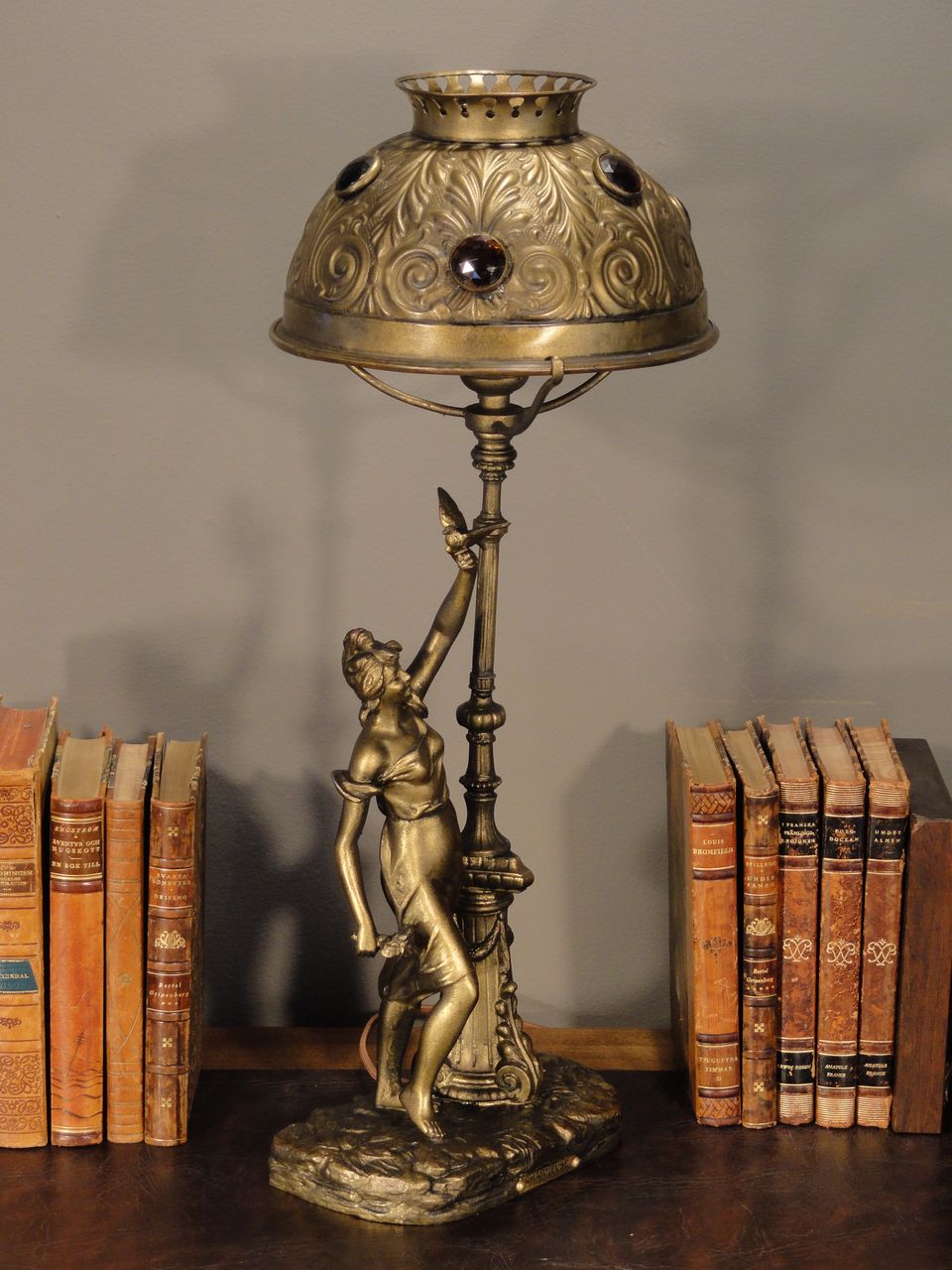 Signed Late Victorian Figural & Street Lamp Desk Lamp w/ Jeweled Brass