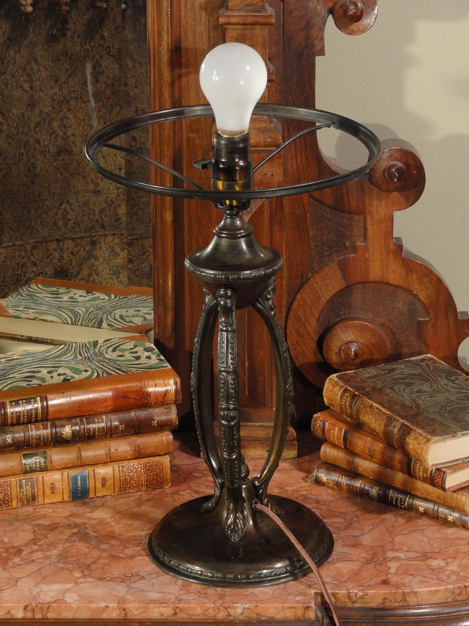 Art Nouveau Desk Lamp w/ Fire Painted Shade Art Nouveau Desk Lamp w/ Fire Painted Shade