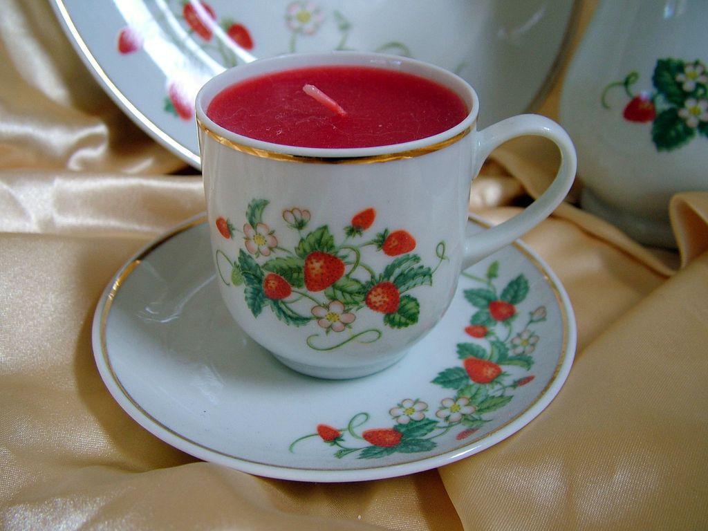 Strawberry porcelain candle cup and saucer, plate and shaker set with 22 k trim Strawberry porcelain candle cup and saucer, plate and shaker set with 22 k trim