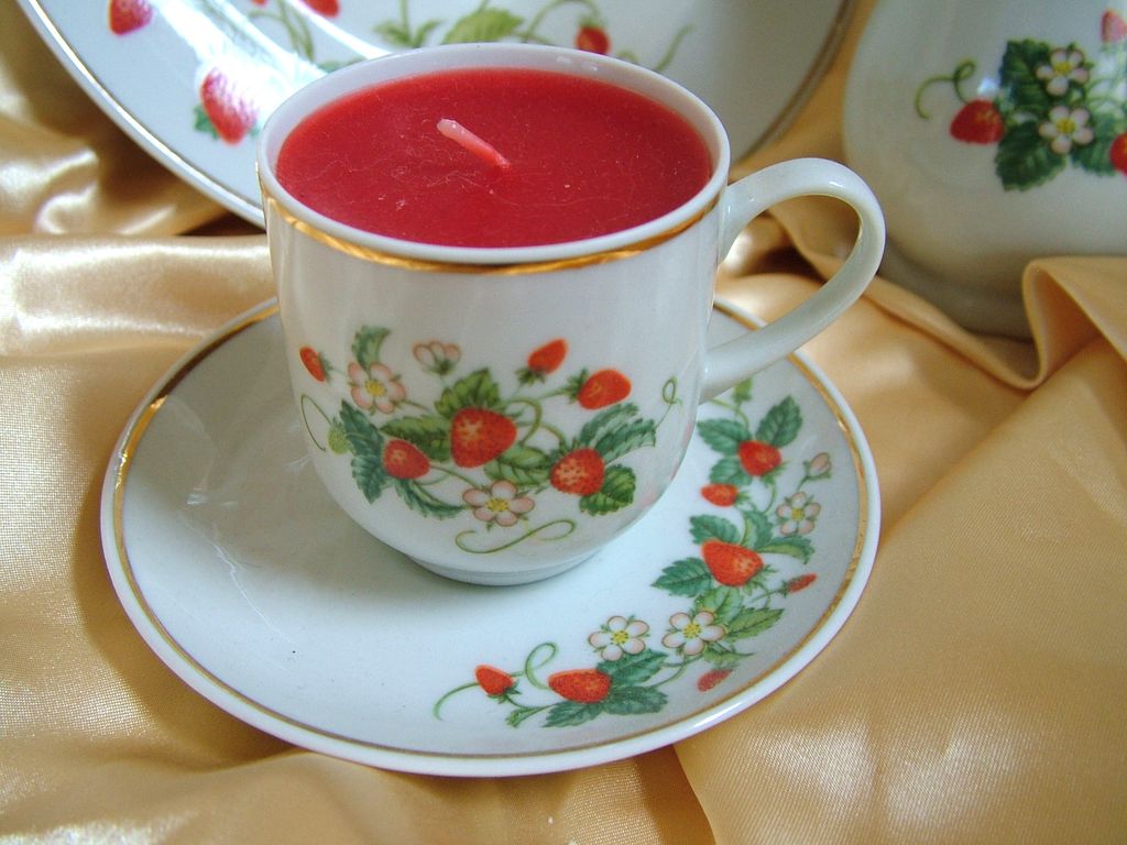 Strawberry porcelain candle cup and saucer, plate and shaker set with 22 k trim Strawberry porcelain candle cup and saucer, plate and shaker set with 22 k trim