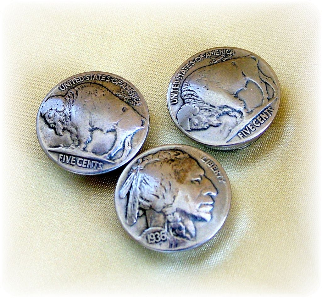 Set of three genuine buffalo/Native American nickel coin button covers Set of three genuine buffalo/Native American nickel coin button covers