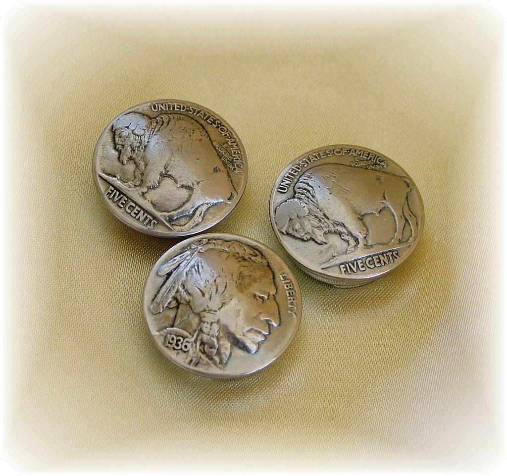 Set of three genuine buffalo/Native American nickel coin button covers Set of three genuine buffalo/Native American nickel coin button covers