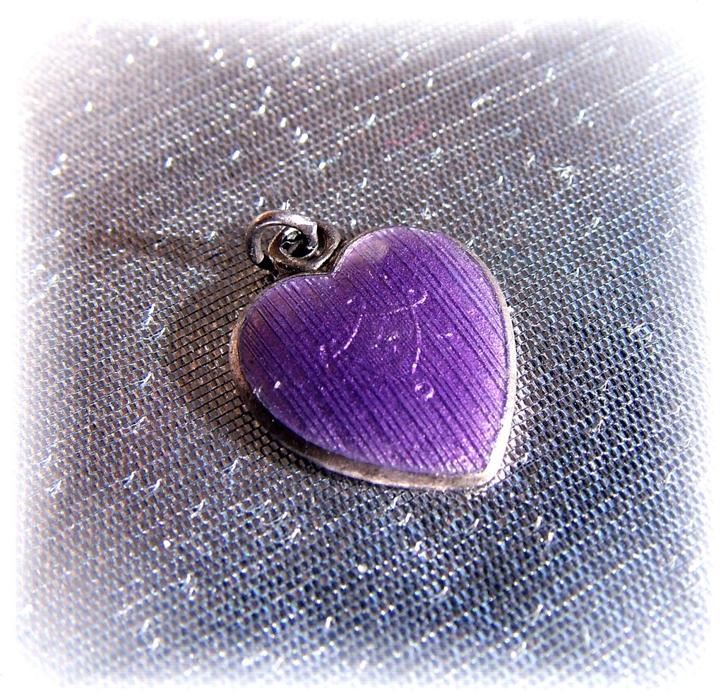 Rare sterling silver with lavender guilloche enamel heart charm Rare sterling silver with lavender guilloche enamel heart charm