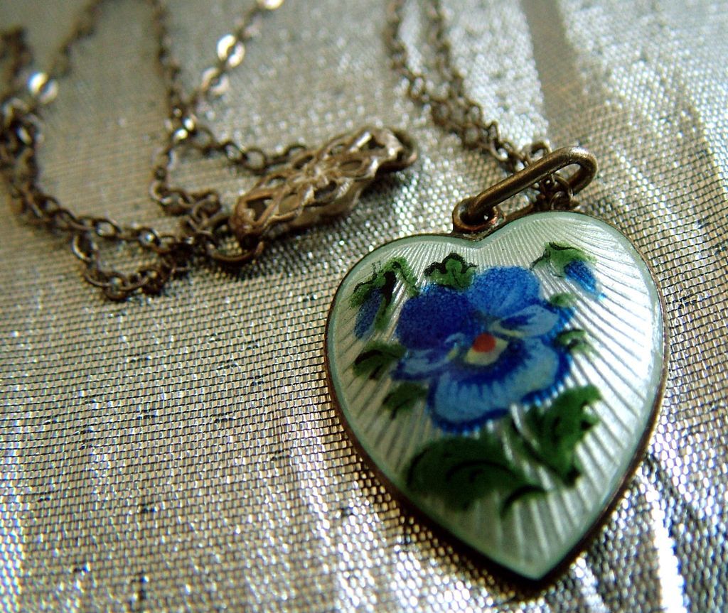 Holmson guilloche pansy heart pendant sterling with enamel both sides Holmson guilloche pansy heart pendant sterling with enamel both sides