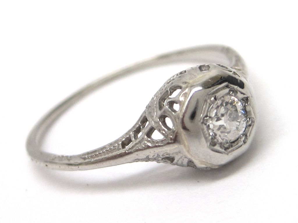 Edwardian 18K White Gold Diamond Engagement Ring