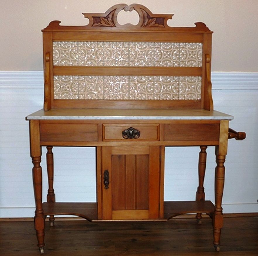 Victorian Satinwood Tile Back Wash Stand, English. Victorian Satinwood Tile Back Wash Stand, English.